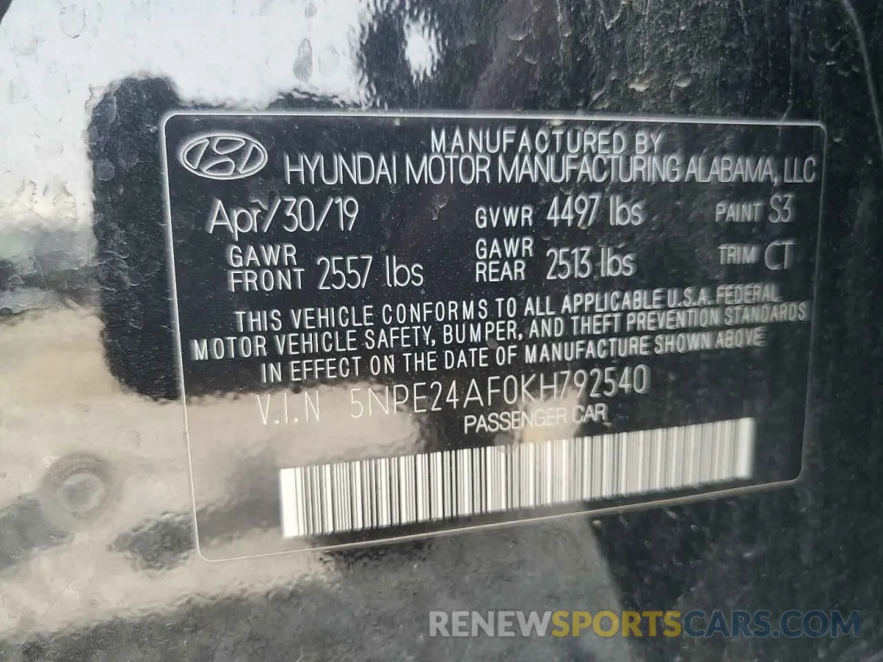 12 fotografías del automóvil dañado 5NPE24AF0KH792540 HYUNDAI SONATA 2019