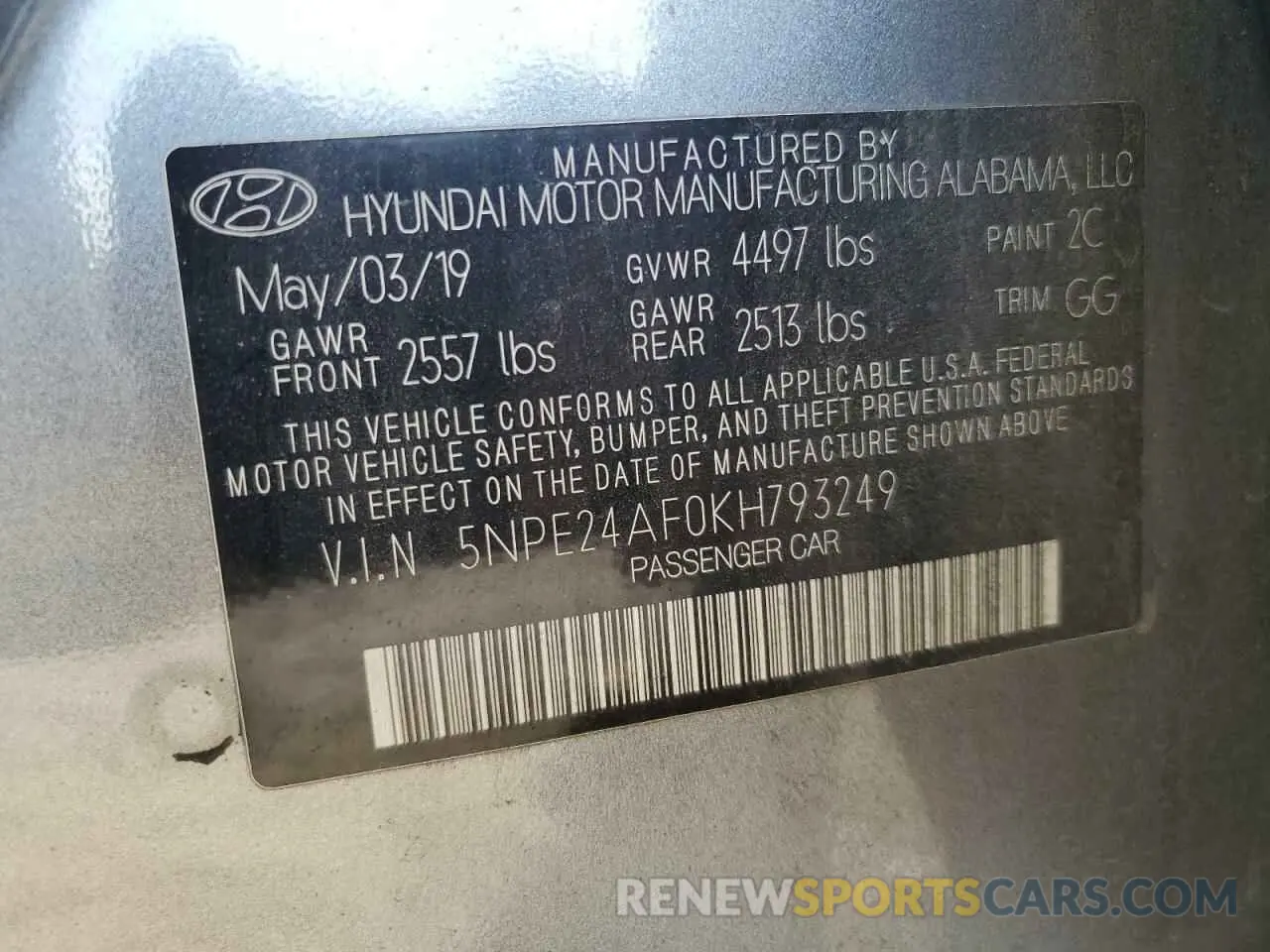 12 fotografías del automóvil dañado 5NPE24AF0KH793249 HYUNDAI SONATA 2019