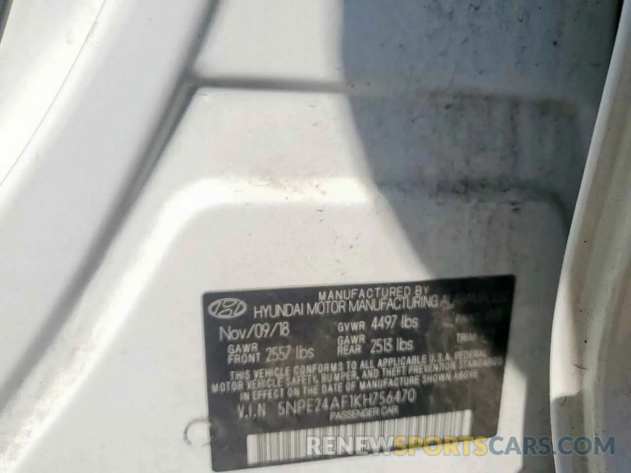 12 fotografías del automóvil dañado 5NPE24AF1KH756470 HYUNDAI SONATA 2019
