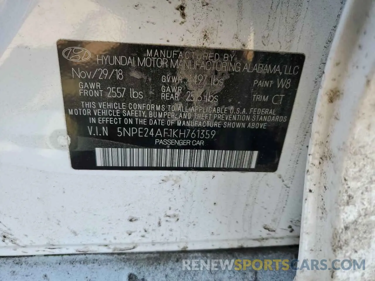 12 fotografías del automóvil dañado 5NPE24AF1KH761359 HYUNDAI SONATA 2019