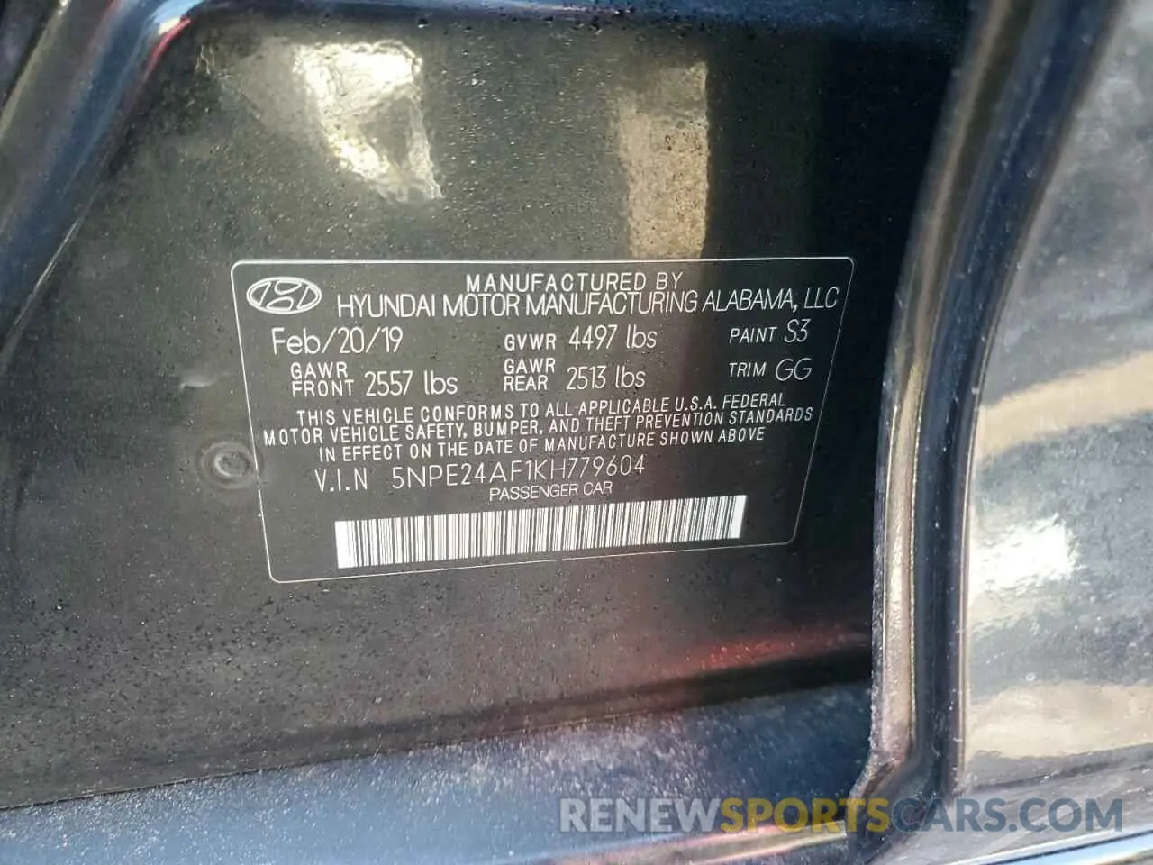 12 fotografías del automóvil dañado 5NPE24AF1KH779604 HYUNDAI SONATA 2019