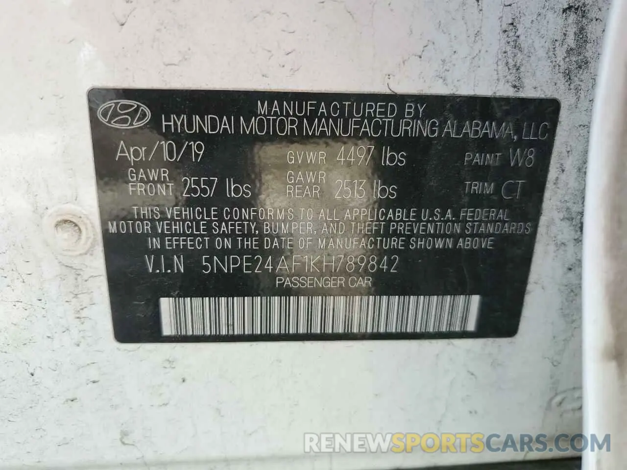 12 fotografías del automóvil dañado 5NPE24AF1KH789842 HYUNDAI SONATA 2019