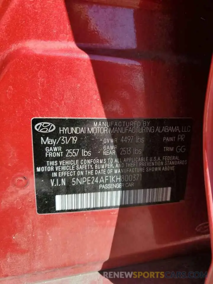 13 fotografías del automóvil dañado 5NPE24AF1KH800371 HYUNDAI SONATA 2019