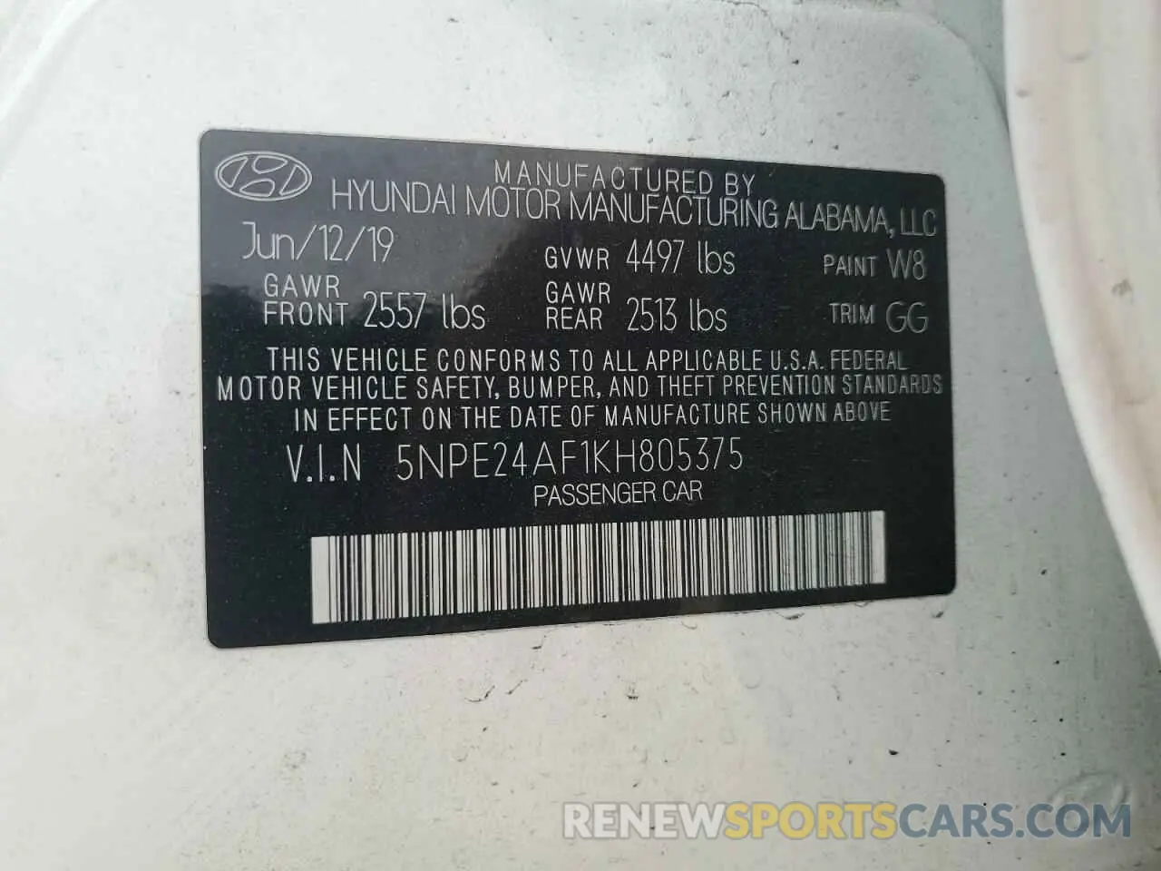 12 fotografías del automóvil dañado 5NPE24AF1KH805375 HYUNDAI SONATA 2019