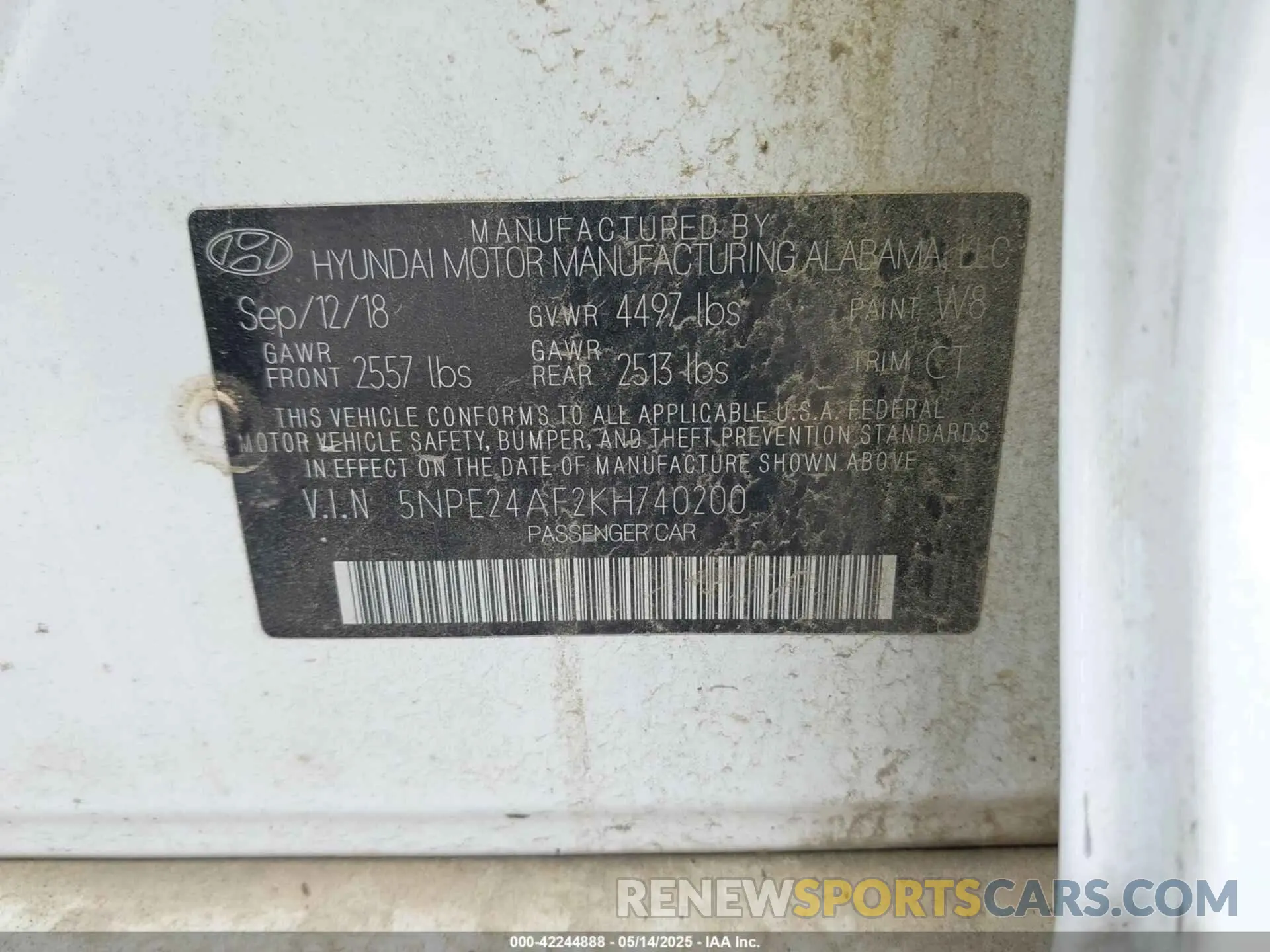 9 fotografías del automóvil dañado 5NPE24AF2KH740200 HYUNDAI SONATA 2019
