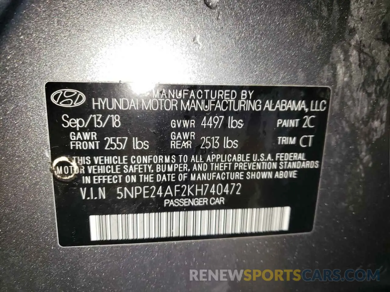 12 fotografías del automóvil dañado 5NPE24AF2KH740472 HYUNDAI SONATA 2019