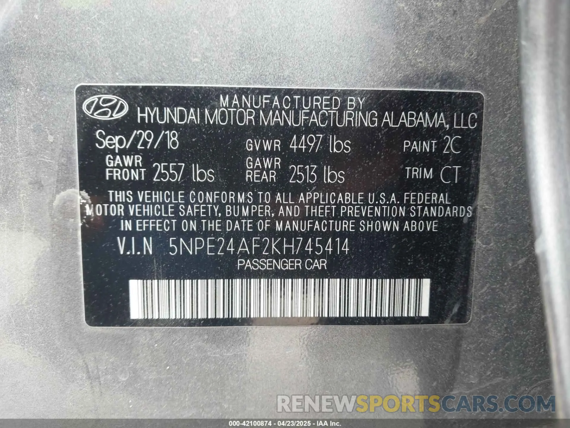 9 fotografías del automóvil dañado 5NPE24AF2KH745414 HYUNDAI SONATA 2019
