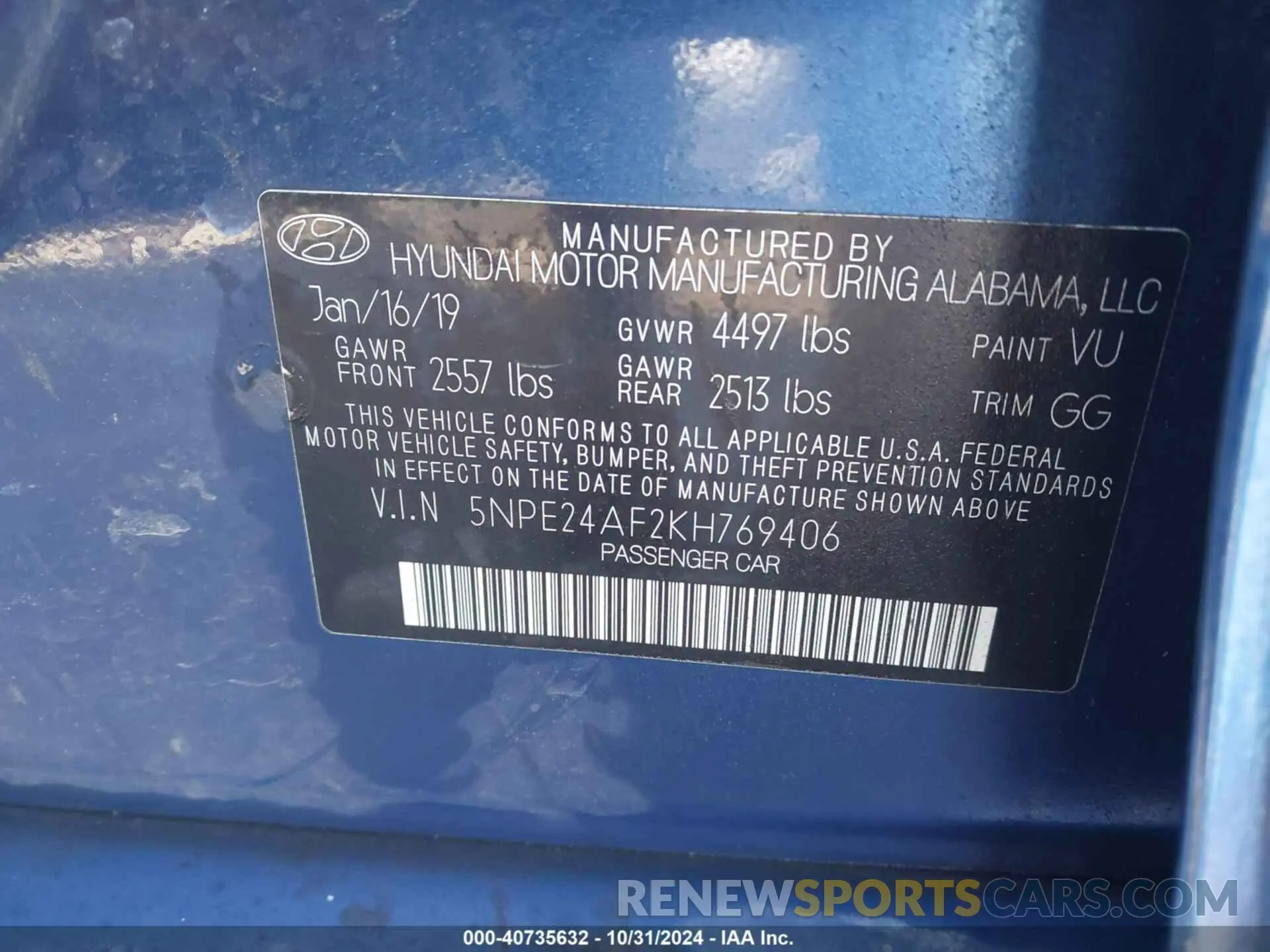 9 fotografías del automóvil dañado 5NPE24AF2KH769406 HYUNDAI SONATA 2019