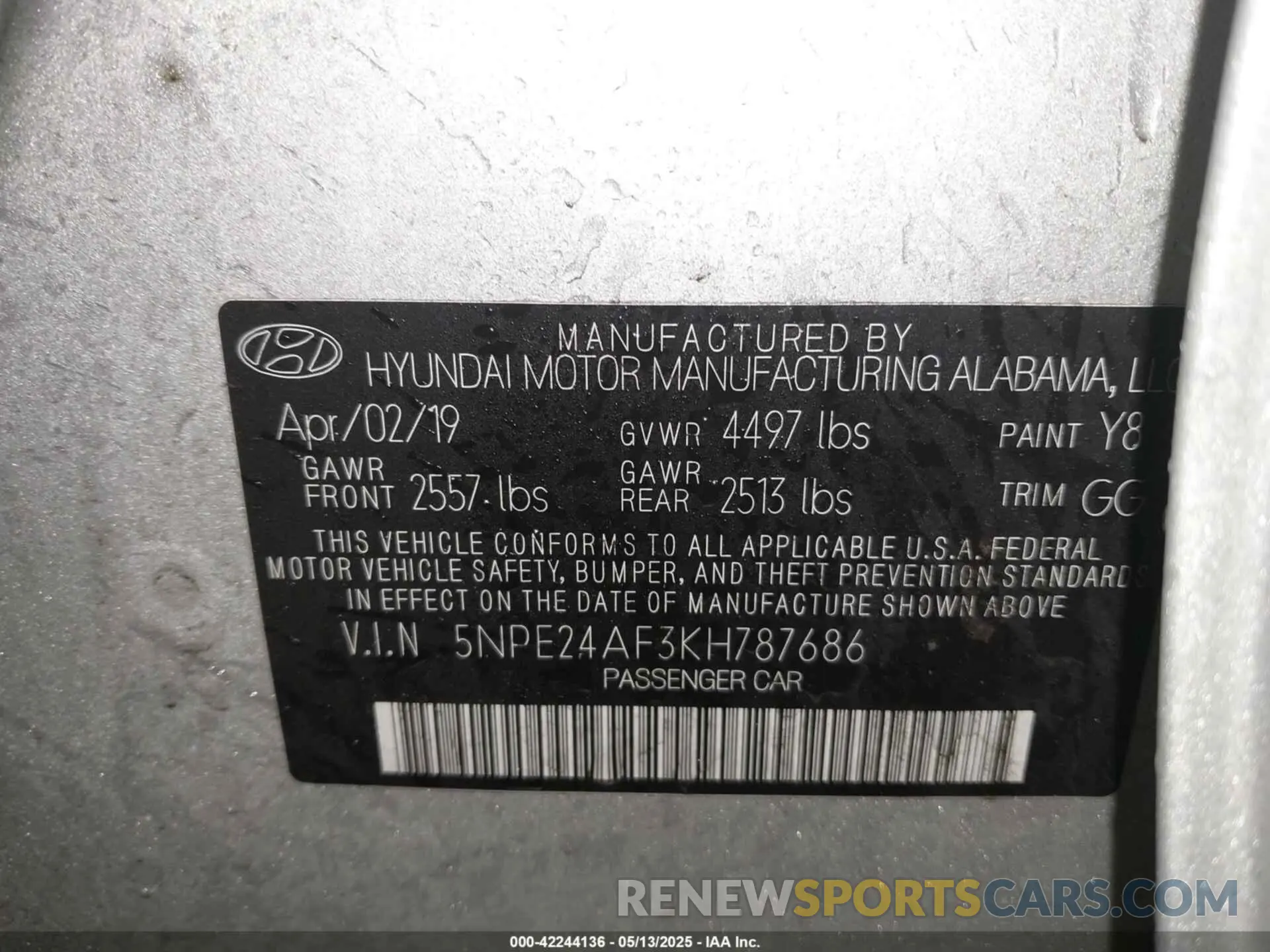 9 fotografías del automóvil dañado 5NPE24AF3KH787686 HYUNDAI SONATA 2019