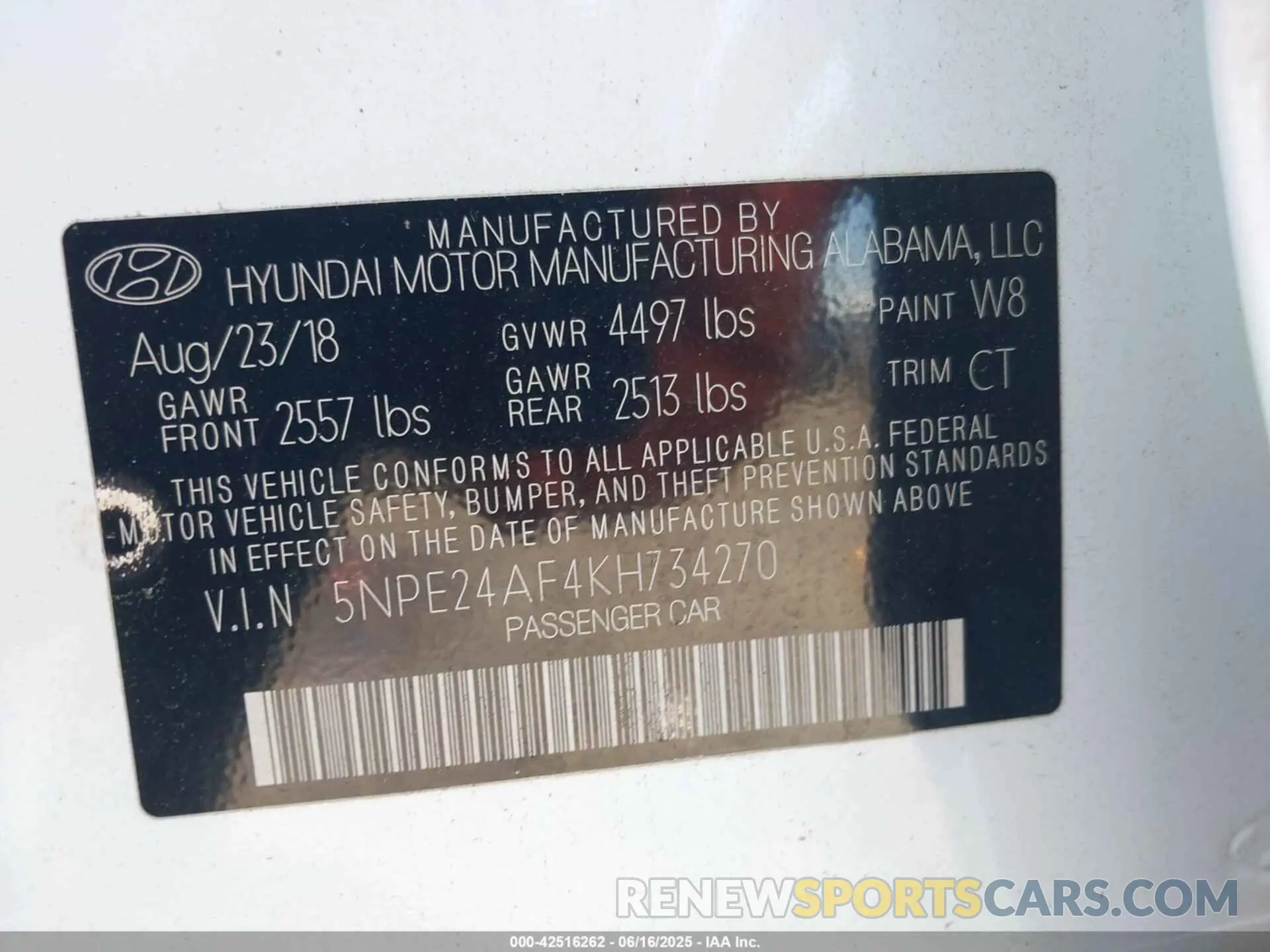 9 fotografías del automóvil dañado 5NPE24AF4KH734270 HYUNDAI SONATA 2019