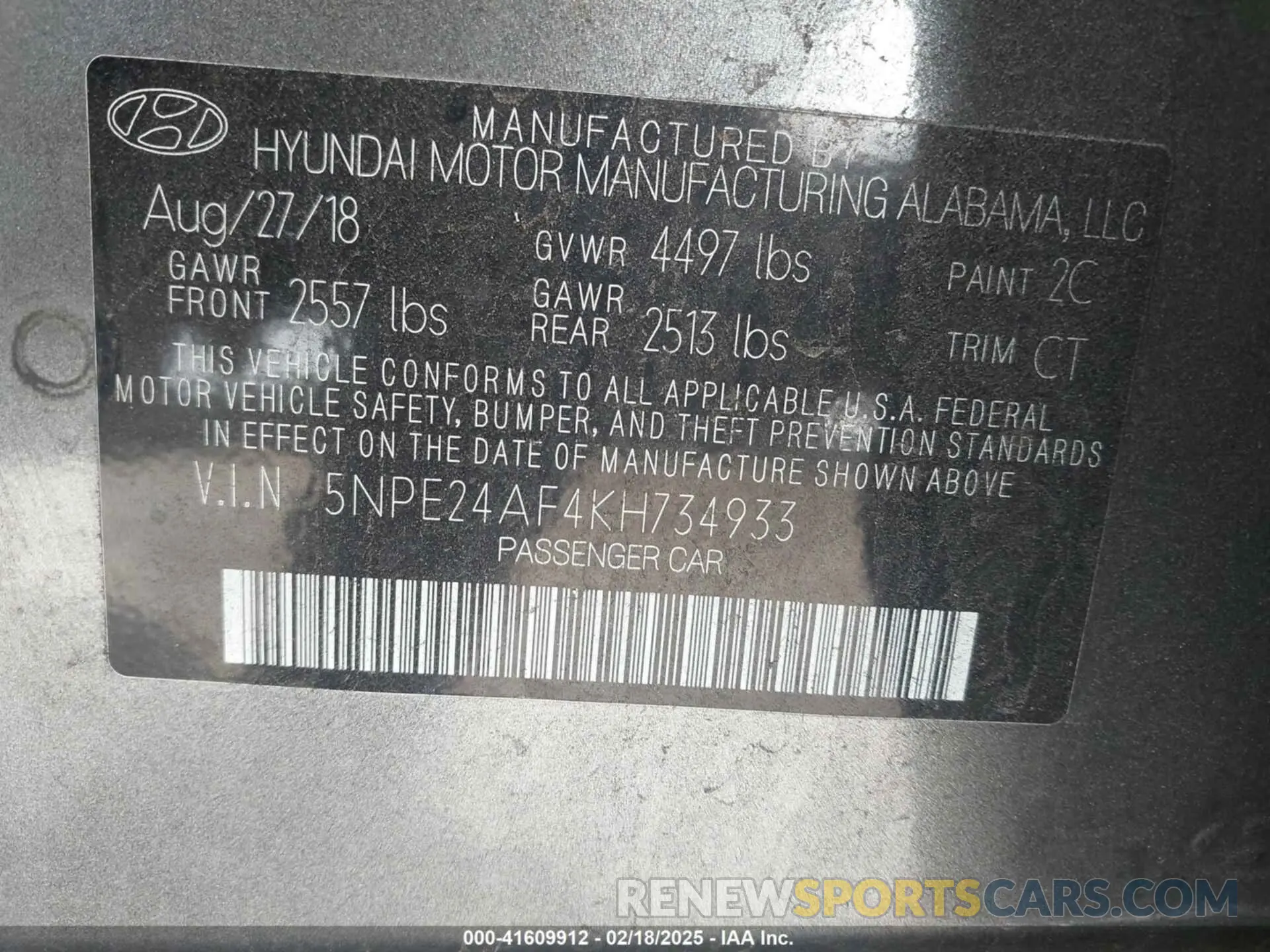 9 fotografías del automóvil dañado 5NPE24AF4KH734933 HYUNDAI SONATA 2019