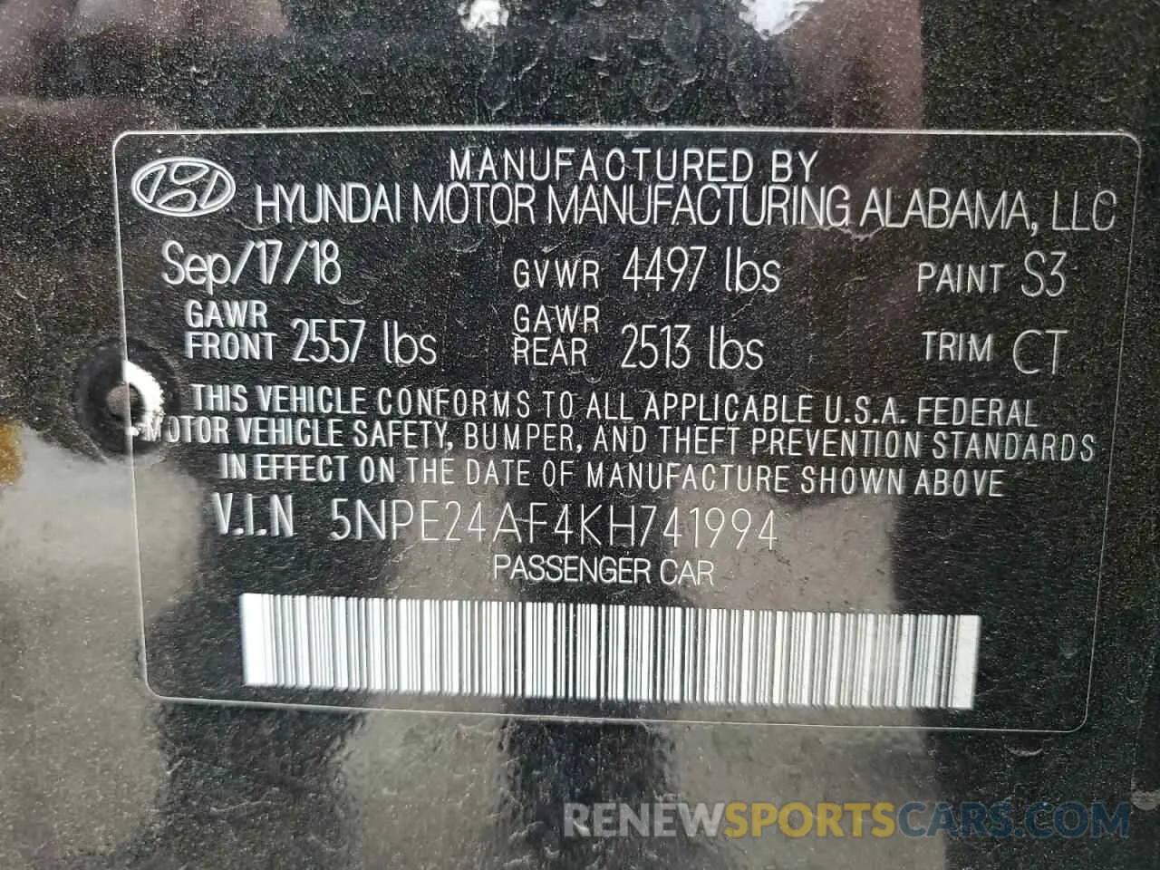 12 fotografías del automóvil dañado 5NPE24AF4KH741994 HYUNDAI SONATA 2019