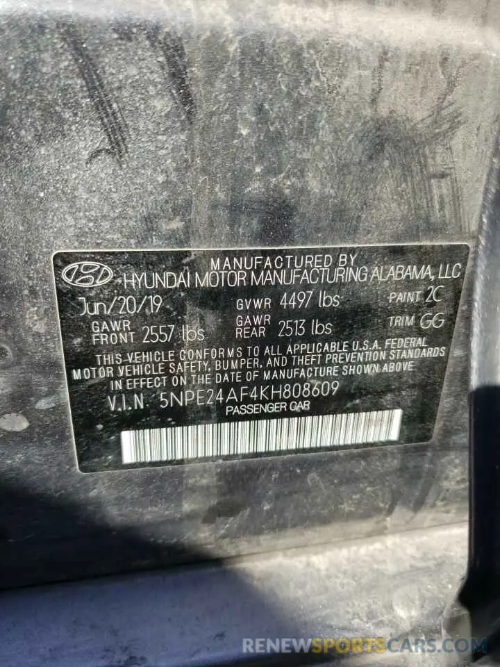 12 fotografías del automóvil dañado 5NPE24AF4KH808609 HYUNDAI SONATA 2019