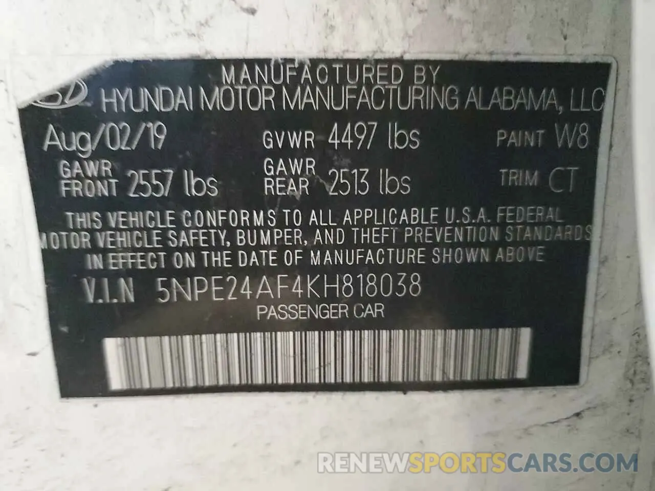 12 fotografías del automóvil dañado 5NPE24AF4KH818038 HYUNDAI SONATA 2019