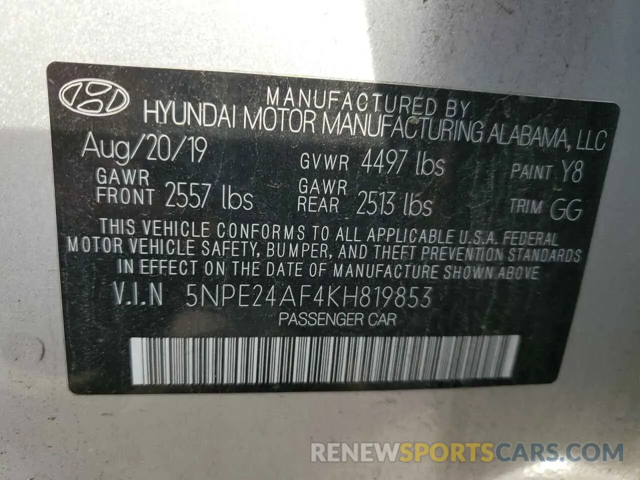 12 fotografías del automóvil dañado 5NPE24AF4KH819853 HYUNDAI SONATA 2019