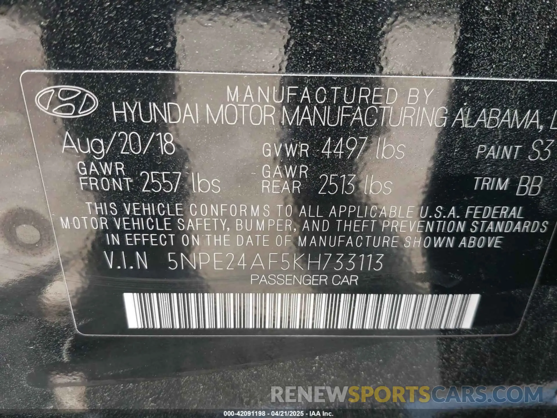 9 fotografías del automóvil dañado 5NPE24AF5KH733113 HYUNDAI SONATA 2019