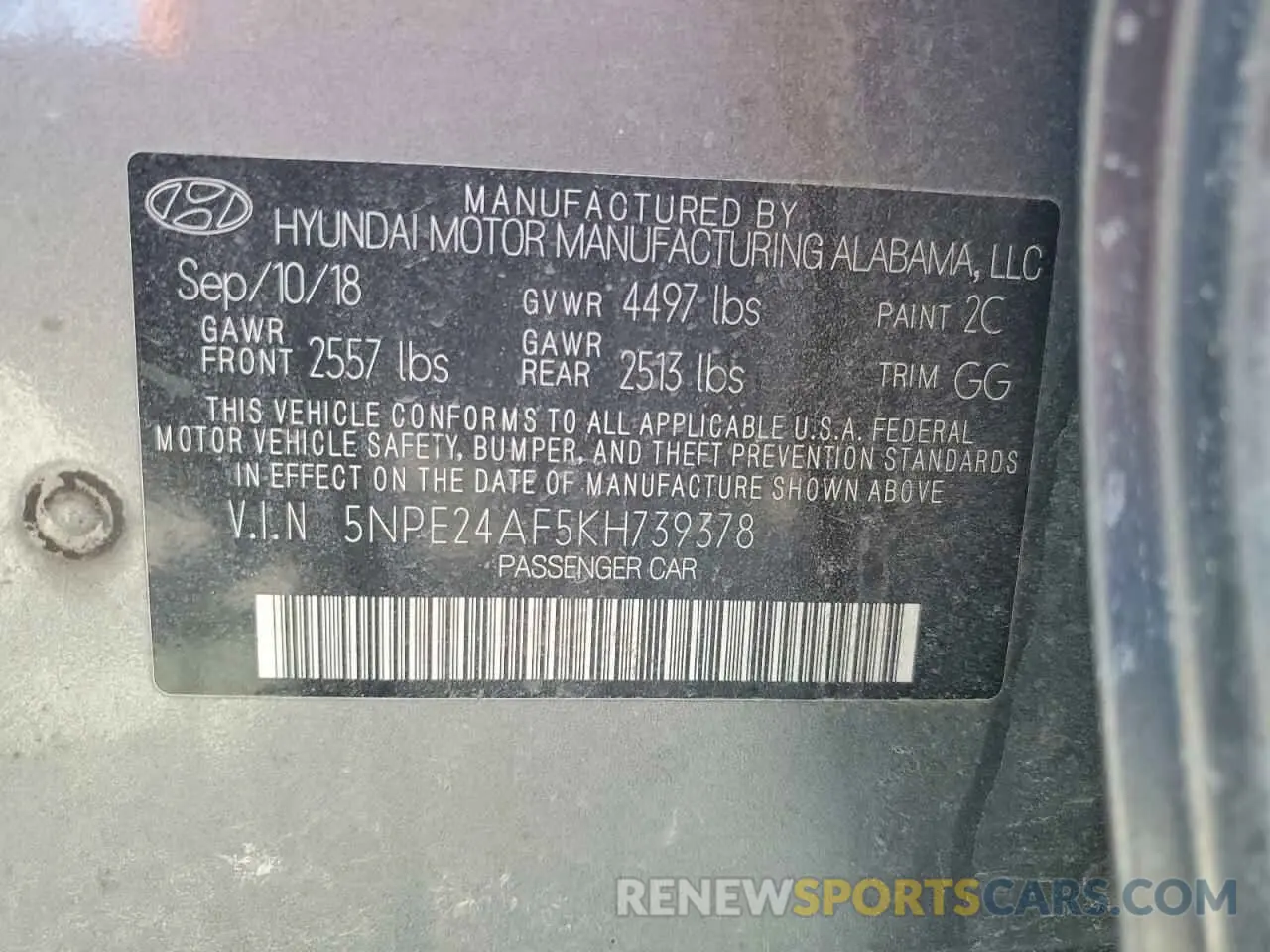 12 fotografías del automóvil dañado 5NPE24AF5KH739378 HYUNDAI SONATA 2019