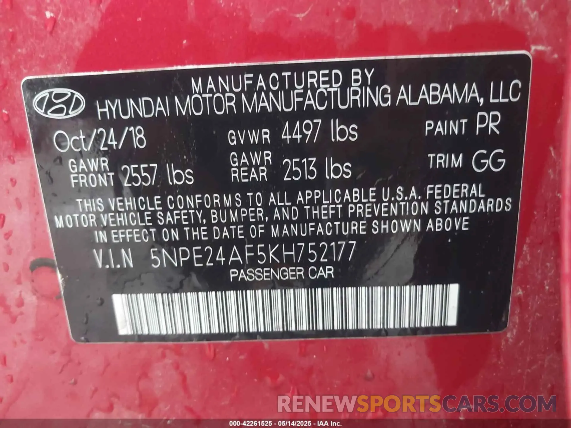 9 fotografías del automóvil dañado 5NPE24AF5KH752177 HYUNDAI SONATA 2019