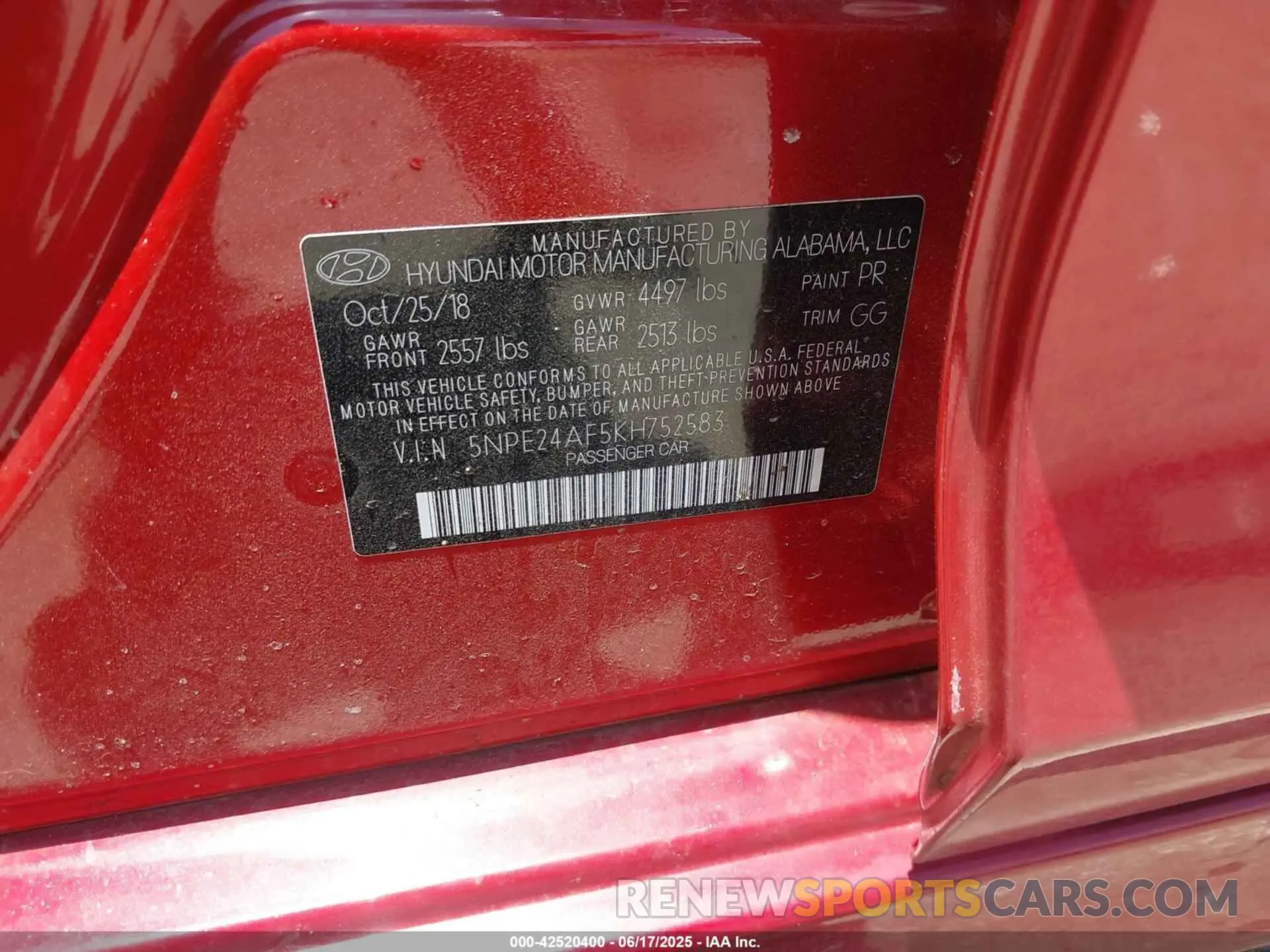 9 fotografías del automóvil dañado 5NPE24AF5KH752583 HYUNDAI SONATA 2019
