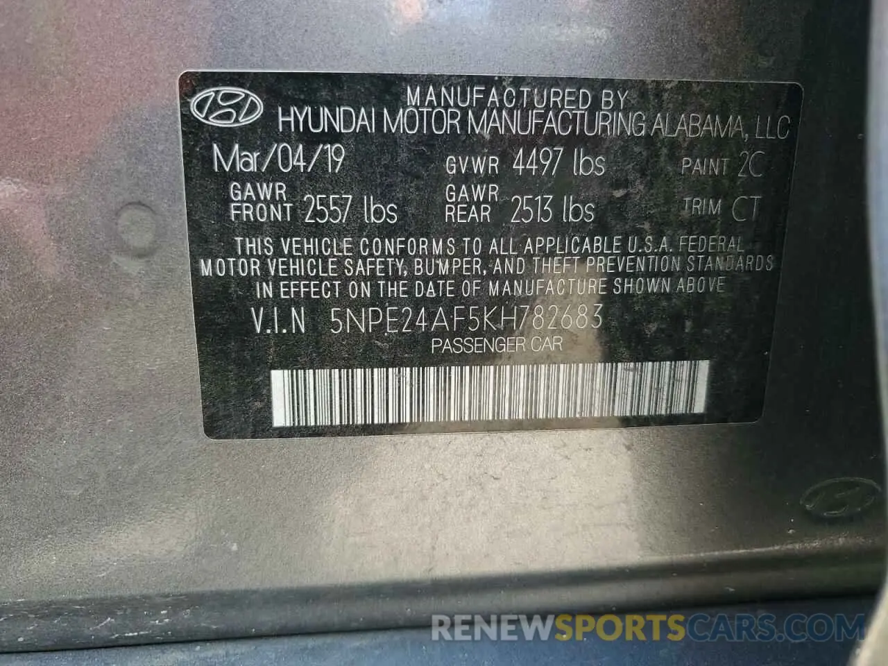 12 fotografías del automóvil dañado 5NPE24AF5KH782683 HYUNDAI SONATA 2019