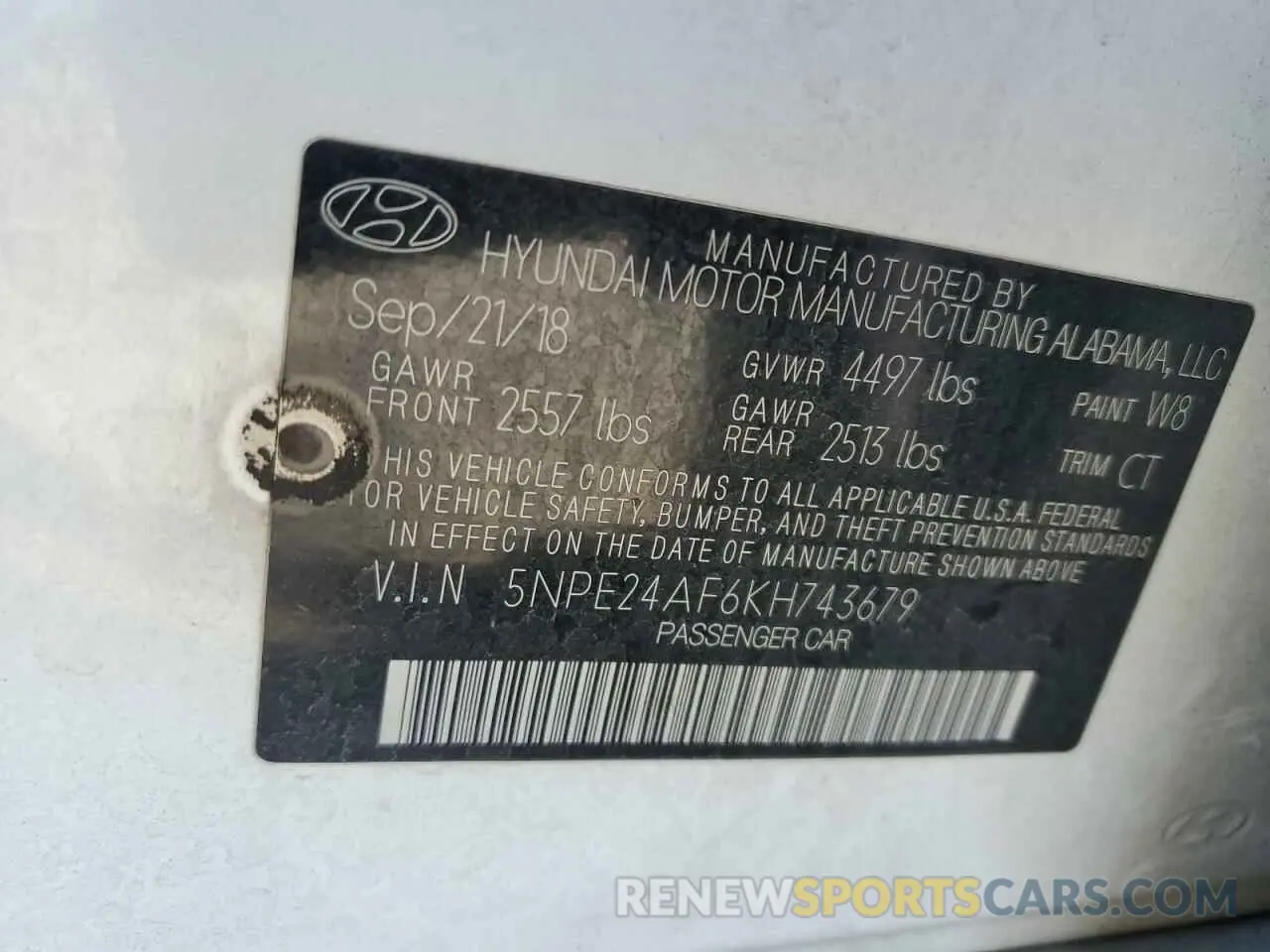 13 fotografías del automóvil dañado 5NPE24AF6KH743679 HYUNDAI SONATA 2019