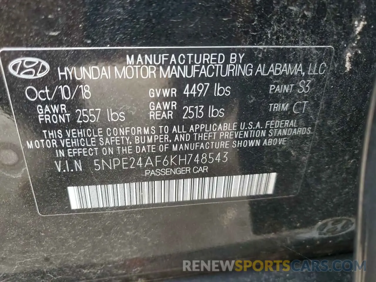 12 fotografías del automóvil dañado 5NPE24AF6KH748543 HYUNDAI SONATA 2019