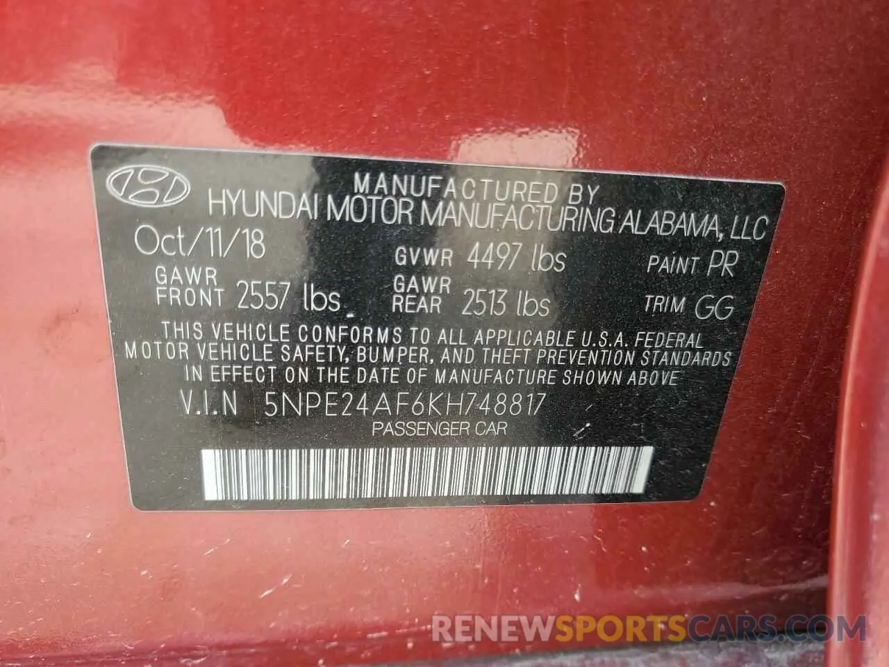 12 fotografías del automóvil dañado 5NPE24AF6KH748817 HYUNDAI SONATA 2019