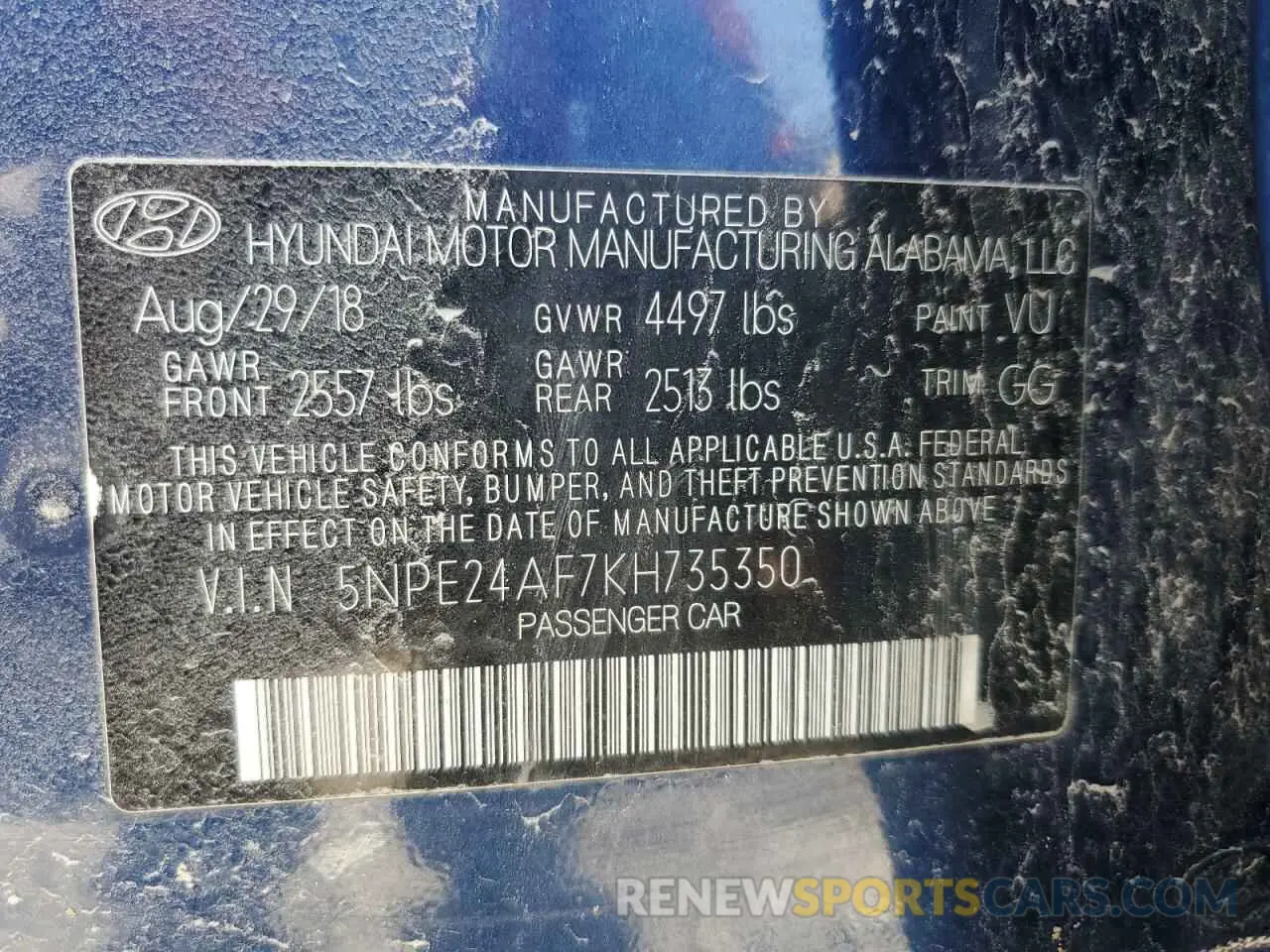 12 fotografías del automóvil dañado 5NPE24AF7KH735350 HYUNDAI SONATA 2019