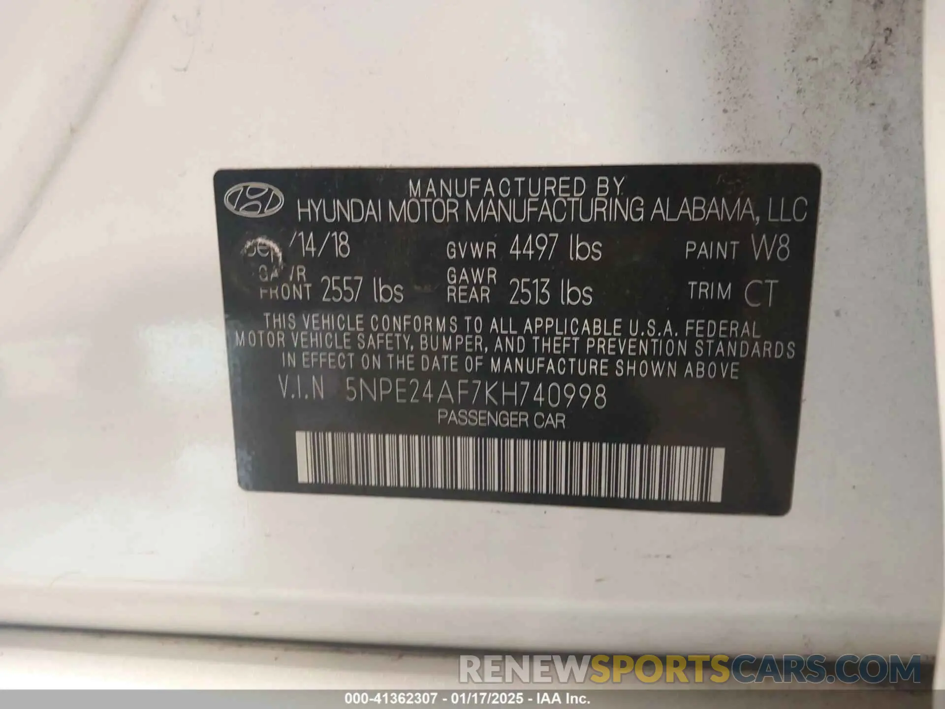 9 fotografías del automóvil dañado 5NPE24AF7KH740998 HYUNDAI SONATA 2019
