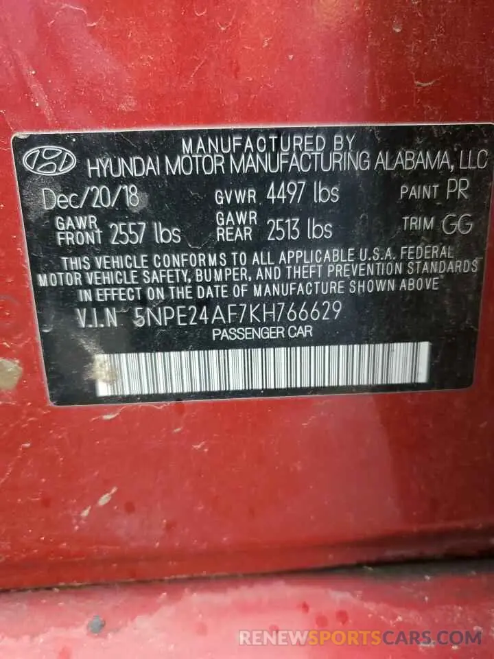 14 fotografías del automóvil dañado 5NPE24AF7KH766629 HYUNDAI SONATA 2019