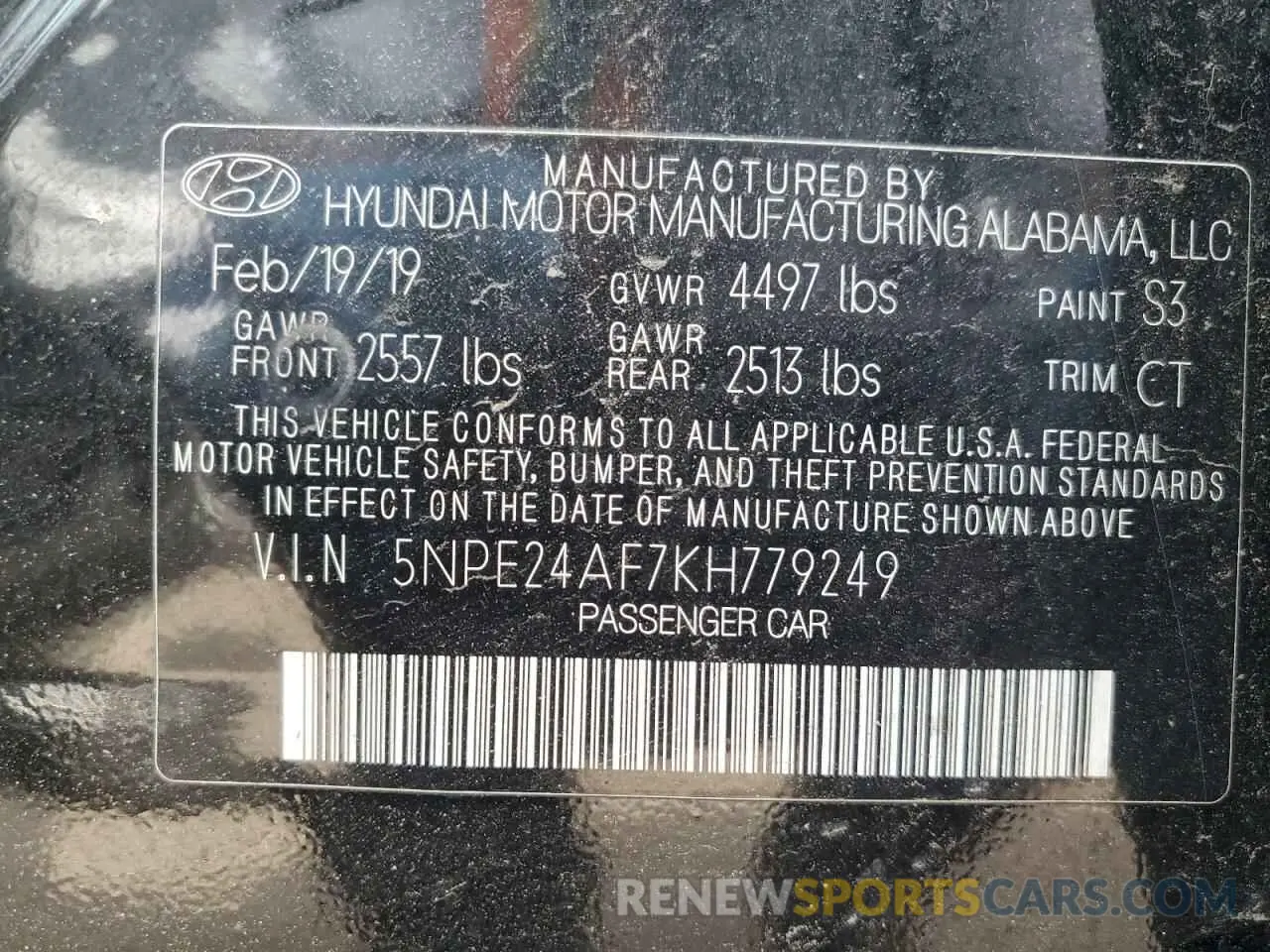 12 fotografías del automóvil dañado 5NPE24AF7KH779249 HYUNDAI SONATA 2019