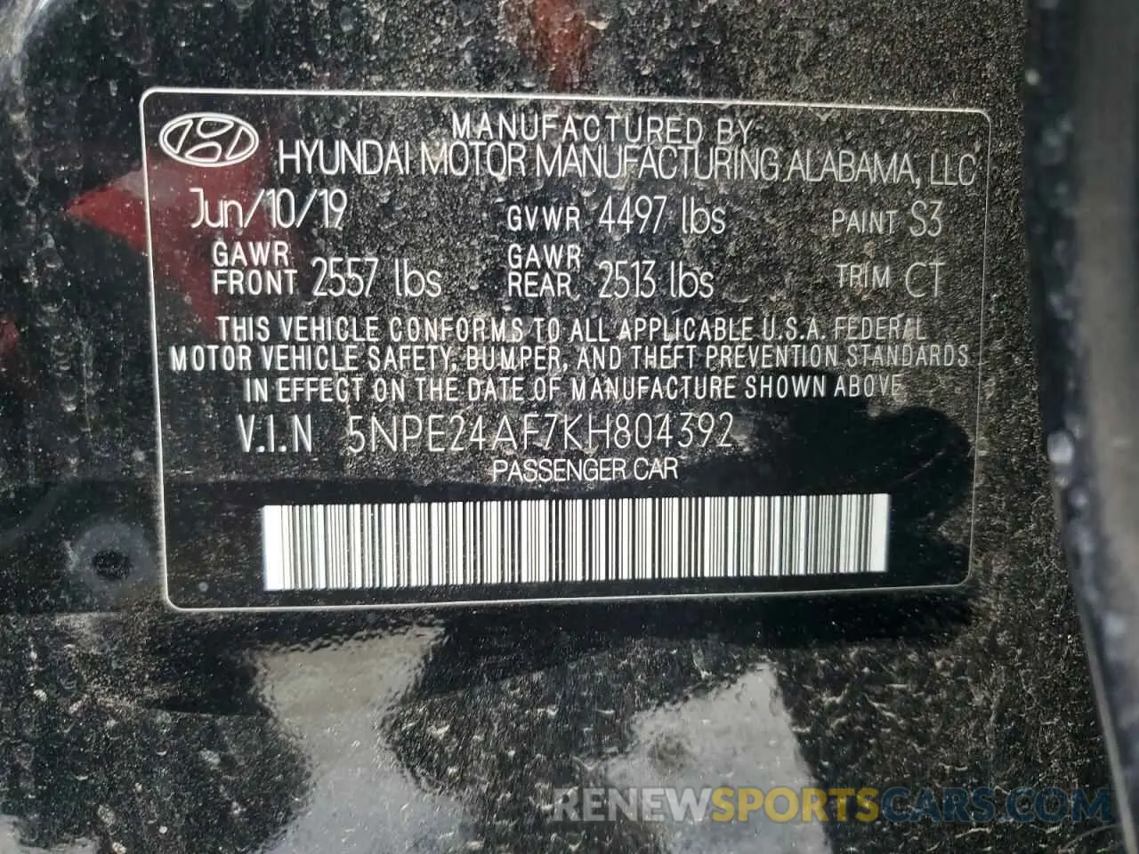 12 fotografías del automóvil dañado 5NPE24AF7KH804392 HYUNDAI SONATA 2019