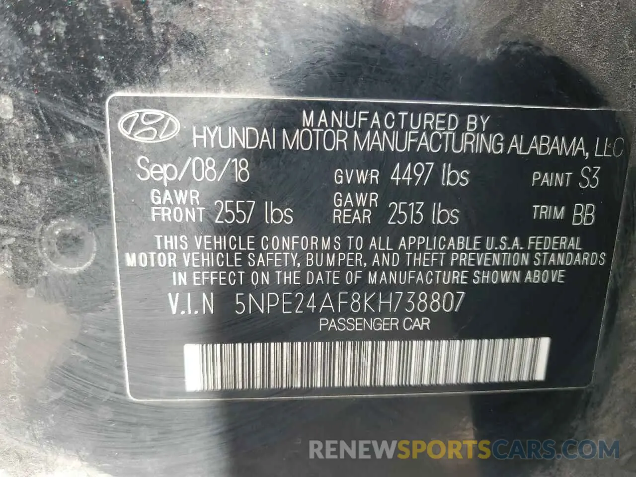 13 fotografías del automóvil dañado 5NPE24AF8KH738807 HYUNDAI SONATA 2019