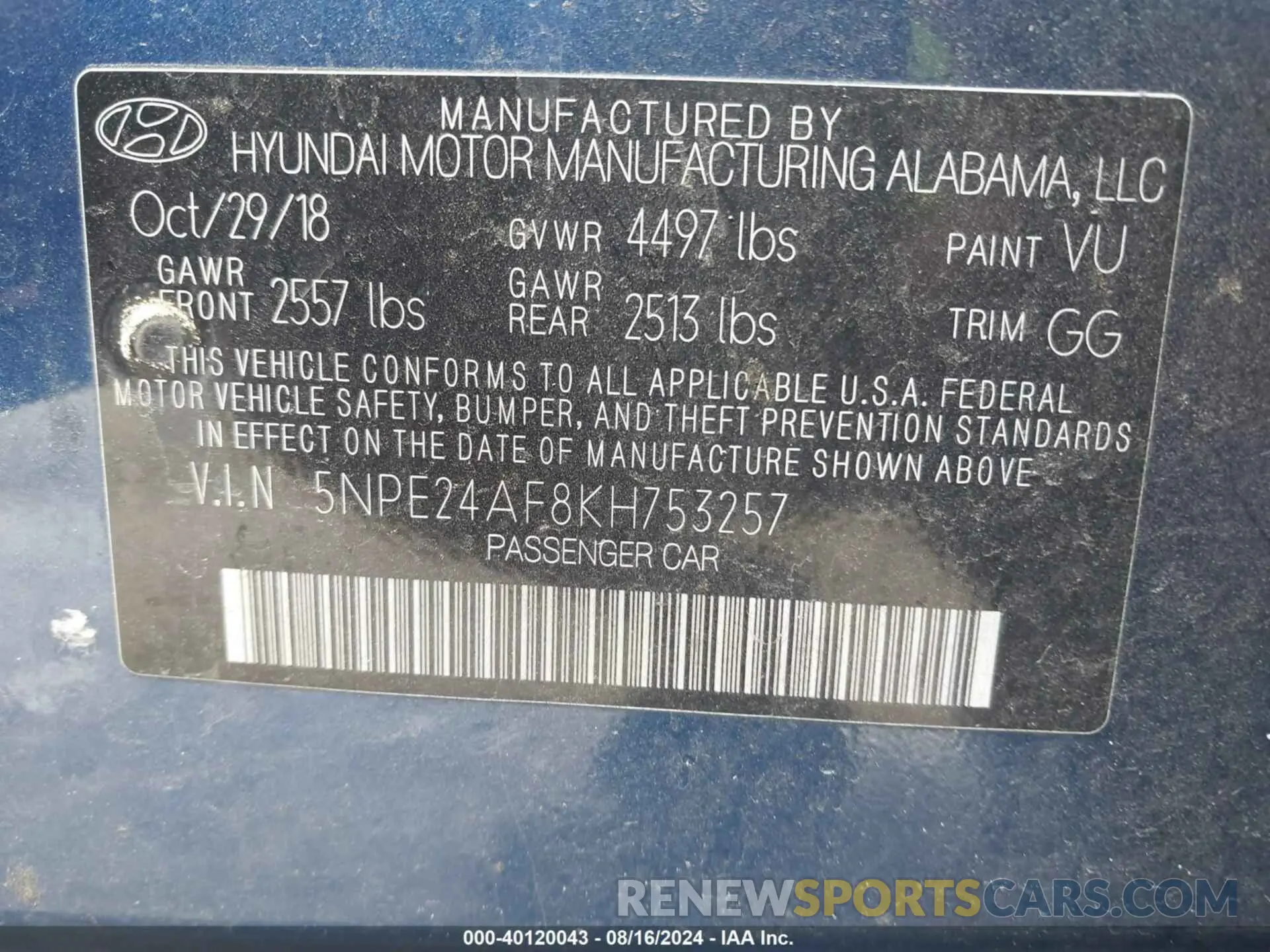 9 fotografías del automóvil dañado 5NPE24AF8KH753257 HYUNDAI SONATA 2019