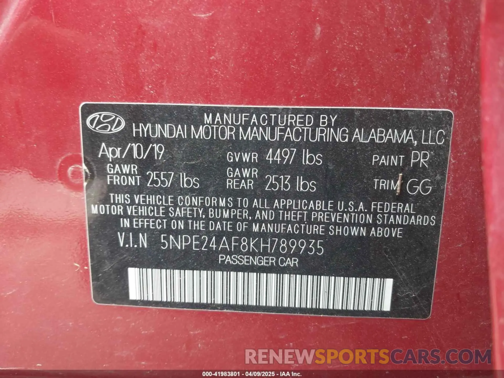 9 fotografías del automóvil dañado 5NPE24AF8KH789935 HYUNDAI SONATA 2019