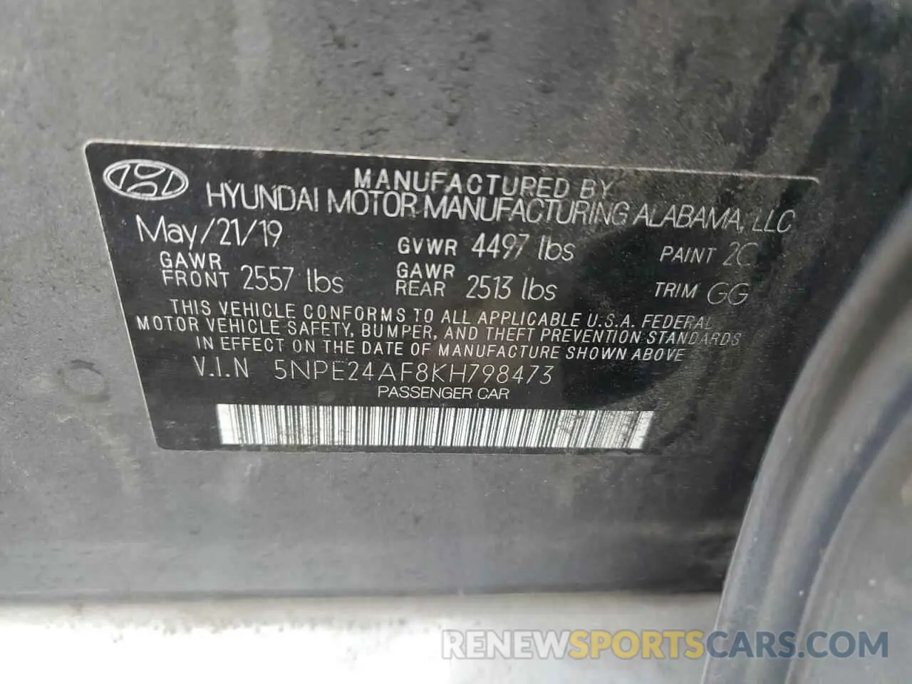 12 fotografías del automóvil dañado 5NPE24AF8KH798473 HYUNDAI SONATA 2019