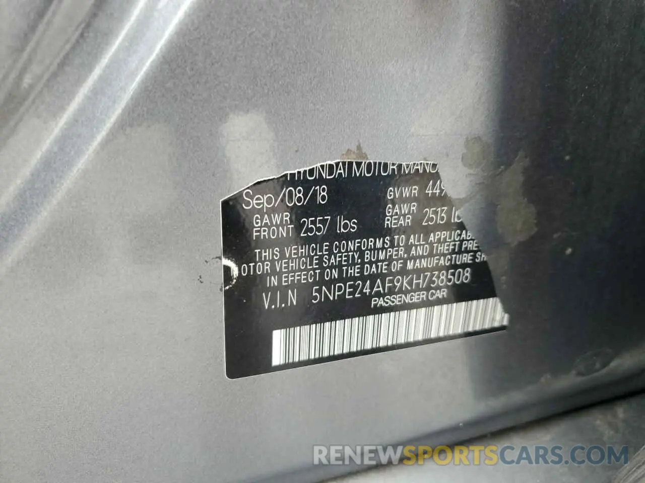 12 fotografías del automóvil dañado 5NPE24AF9KH738508 HYUNDAI SONATA 2019