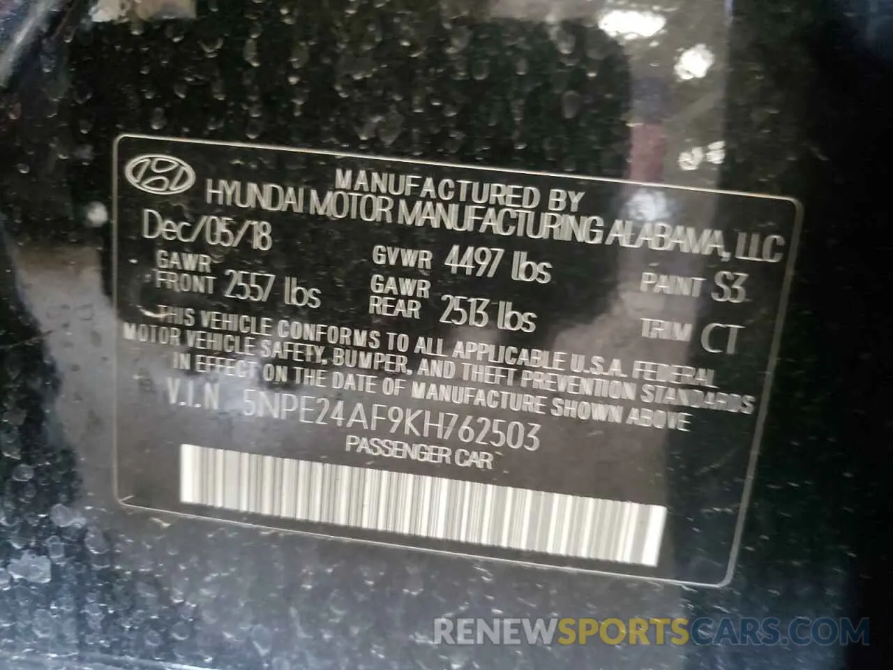 12 fotografías del automóvil dañado 5NPE24AF9KH762503 HYUNDAI SONATA 2019