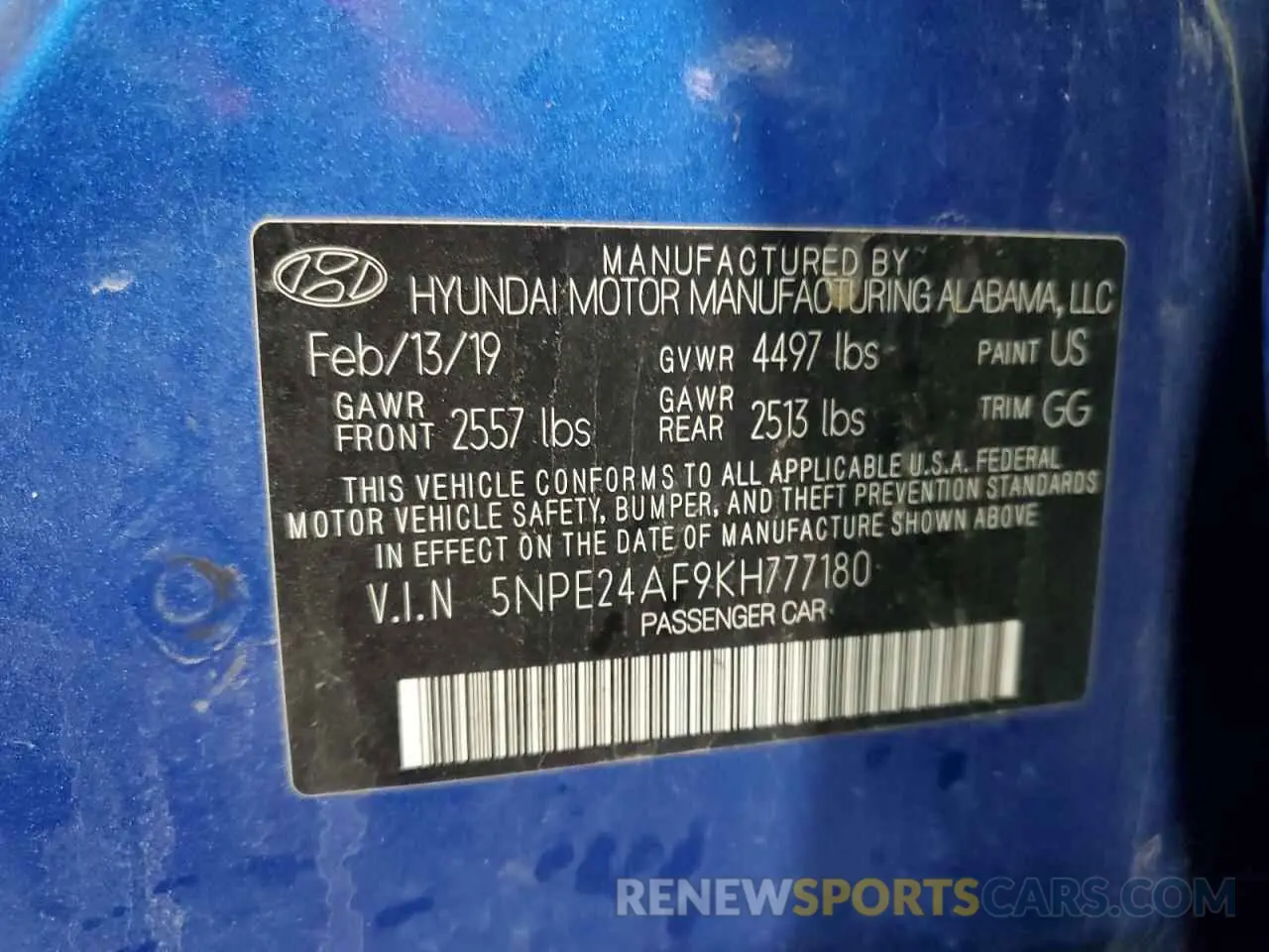 12 fotografías del automóvil dañado 5NPE24AF9KH777180 HYUNDAI SONATA 2019