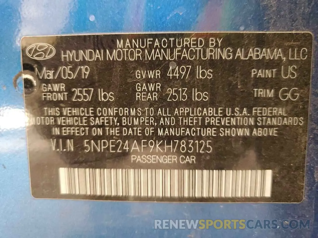 12 fotografías del automóvil dañado 5NPE24AF9KH783125 HYUNDAI SONATA 2019