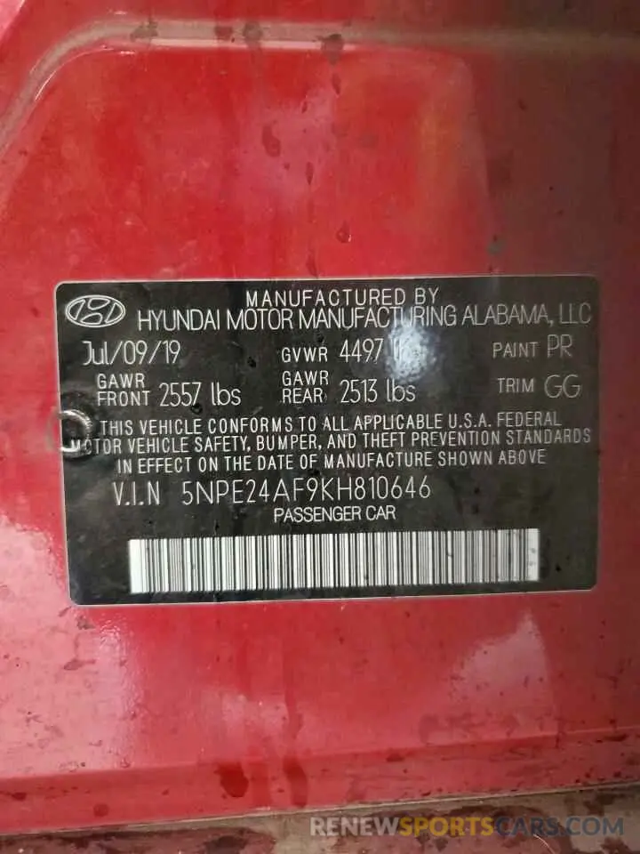 12 fotografías del automóvil dañado 5NPE24AF9KH810646 HYUNDAI SONATA 2019
