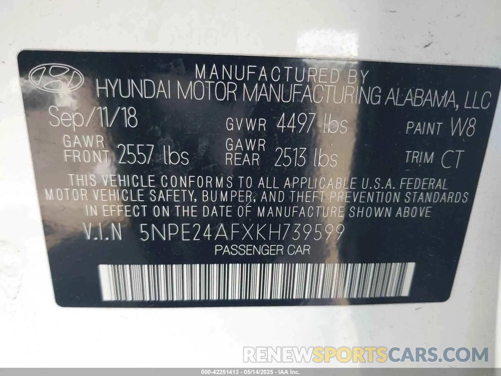 9 fotografías del automóvil dañado 5NPE24AFXKH739599 HYUNDAI SONATA 2019