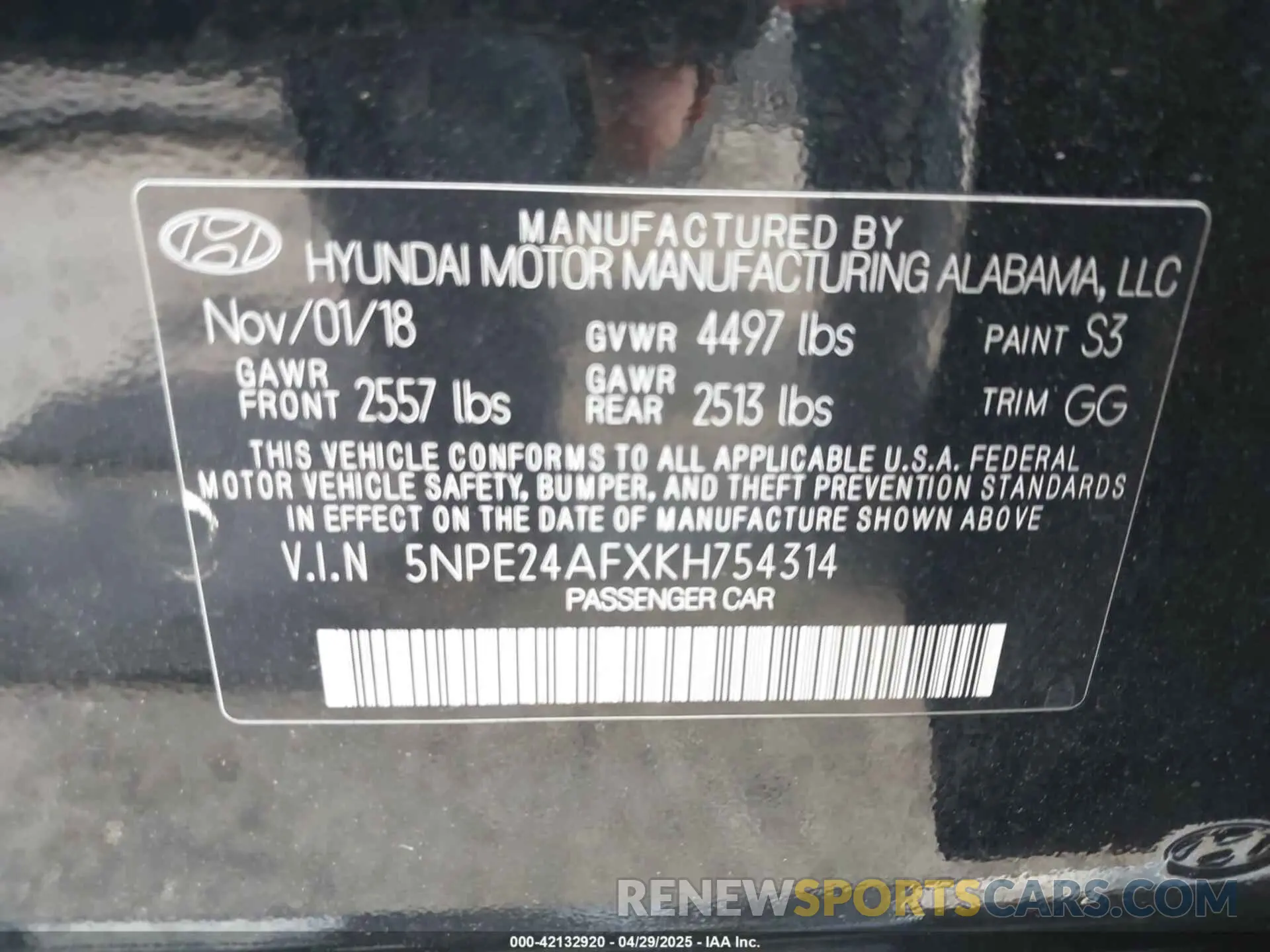 9 fotografías del automóvil dañado 5NPE24AFXKH754314 HYUNDAI SONATA 2019