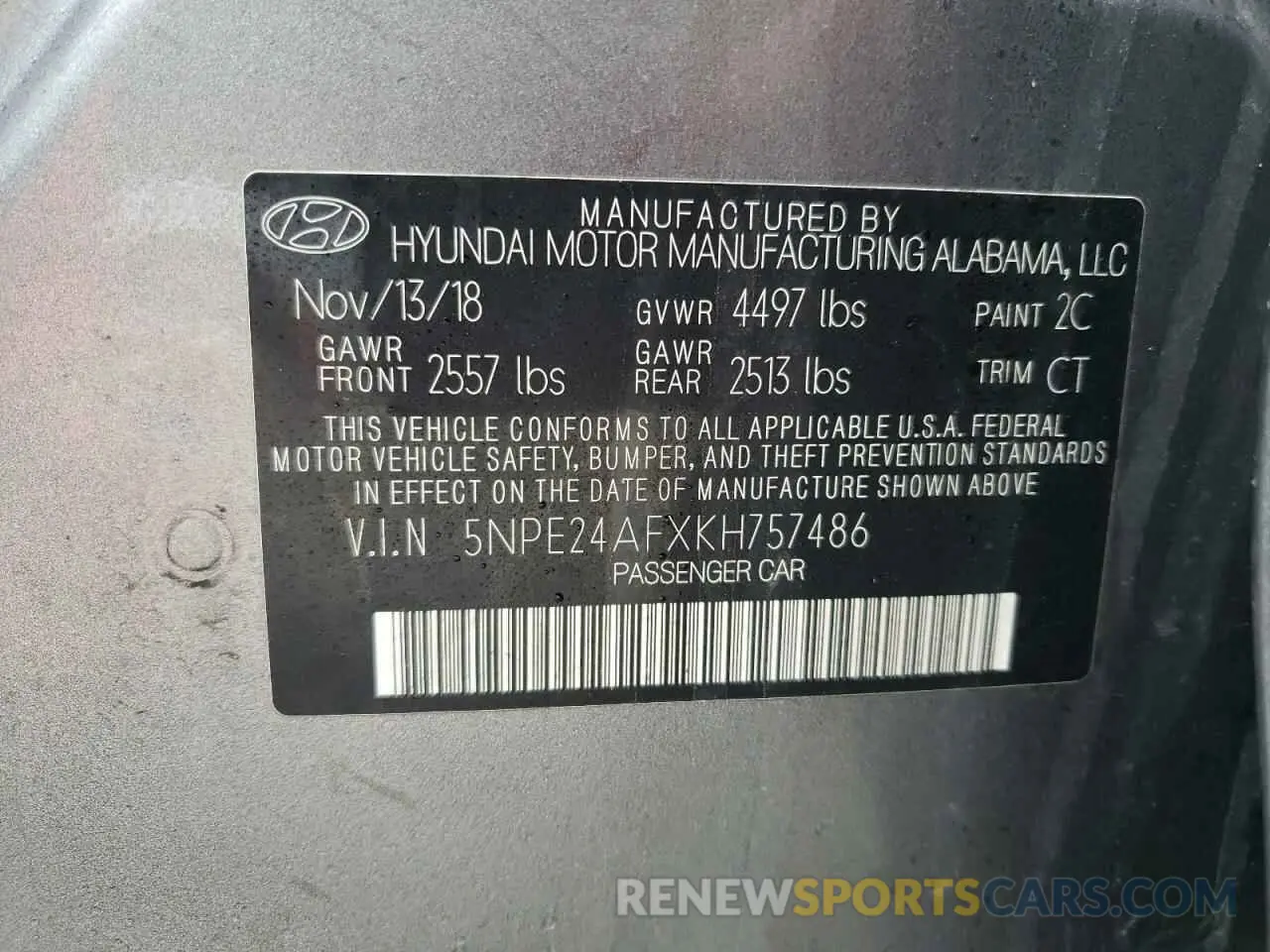 13 fotografías del automóvil dañado 5NPE24AFXKH757486 HYUNDAI SONATA 2019