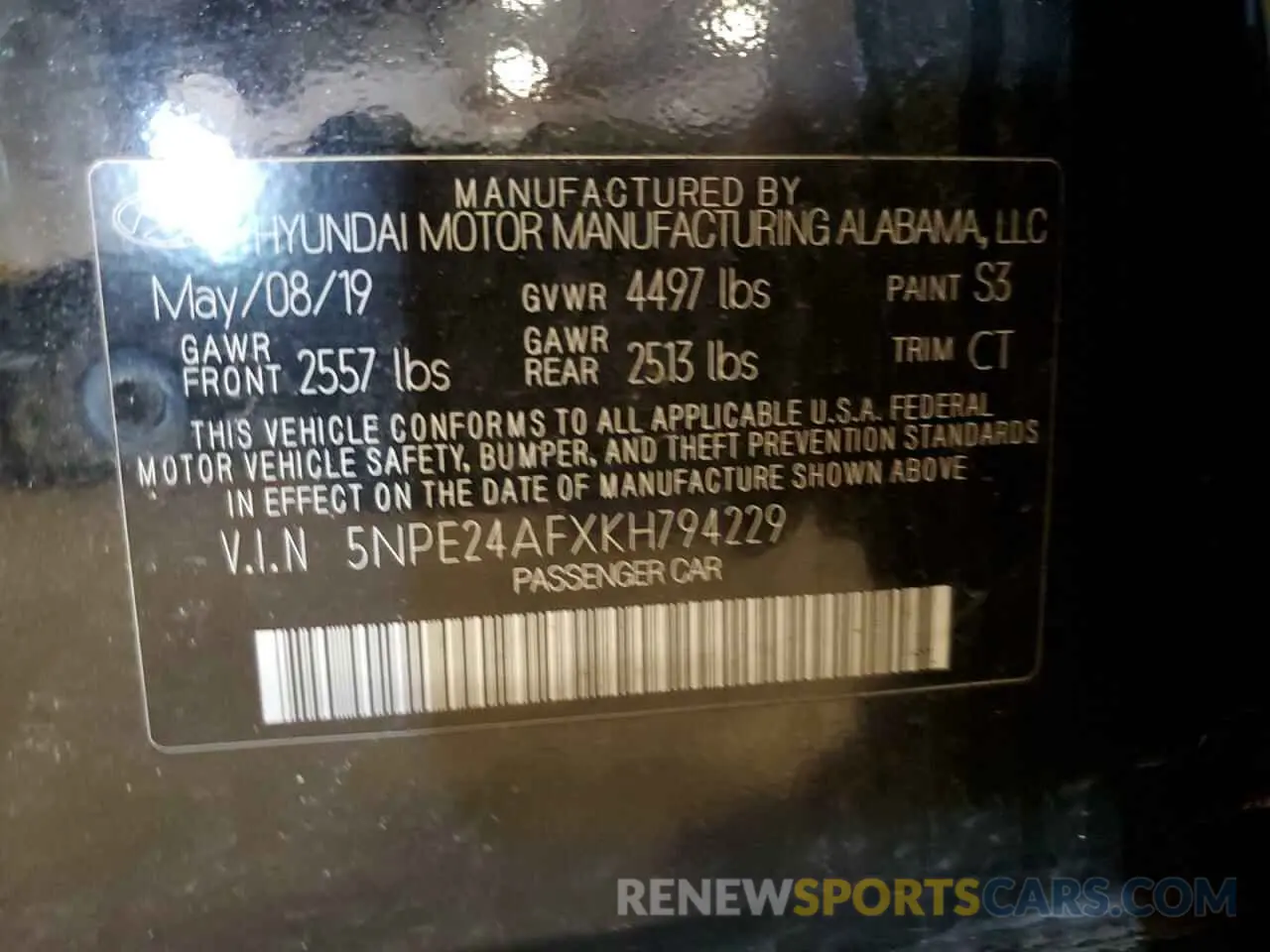 12 fotografías del automóvil dañado 5NPE24AFXKH794229 HYUNDAI SONATA 2019
