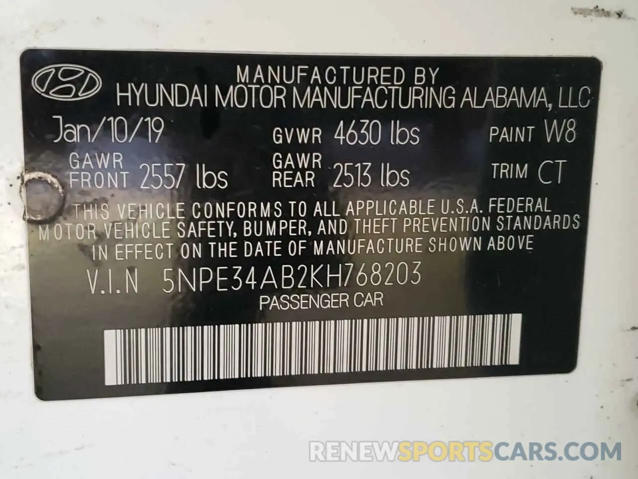 12 fotografías del automóvil dañado 5NPE34AB2KH768203 HYUNDAI SONATA 2019