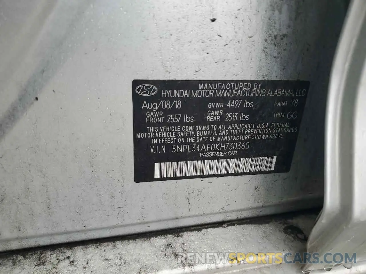 13 fotografías del automóvil dañado 5NPE34AF0KH730360 HYUNDAI SONATA 2019