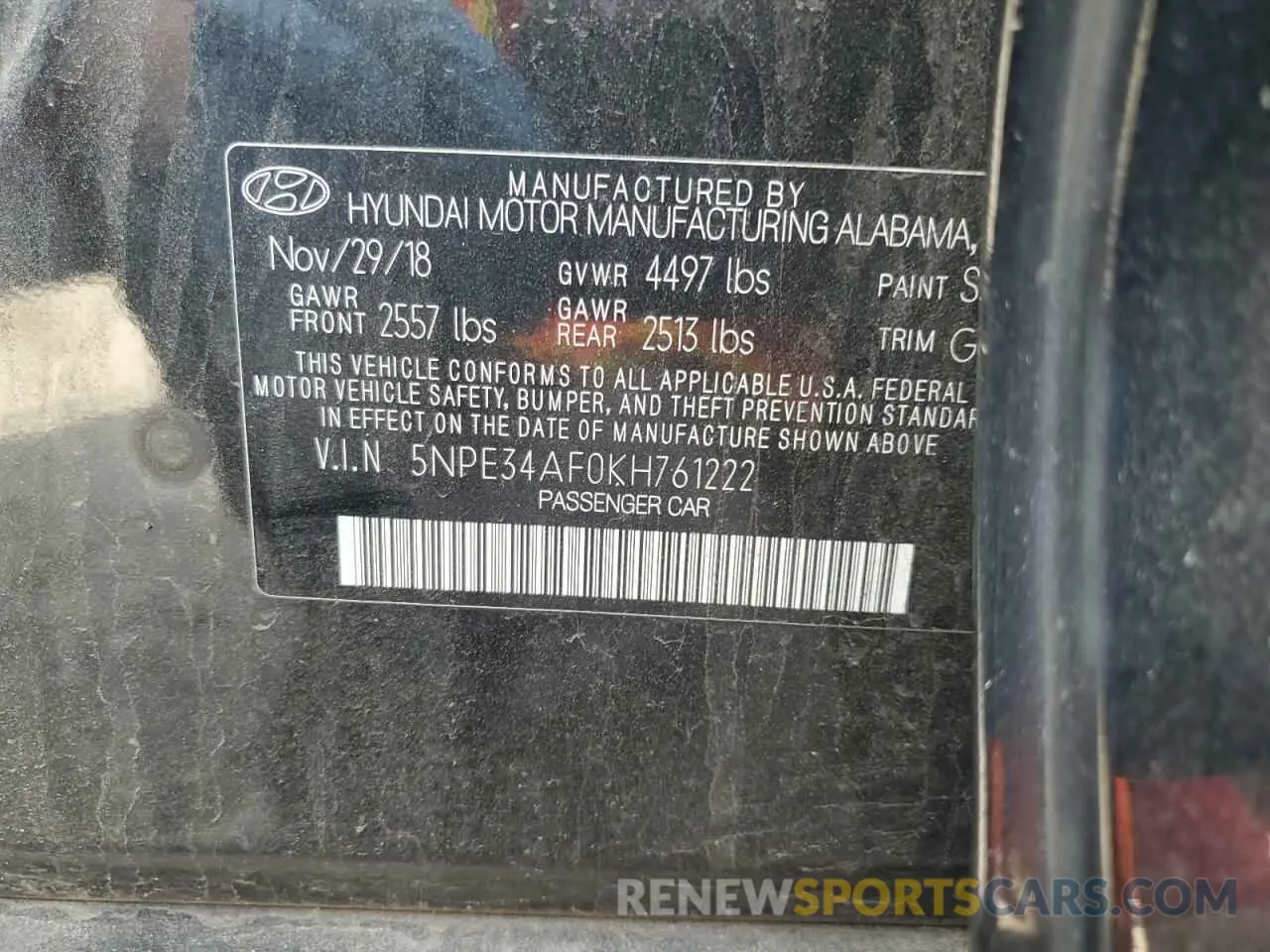 12 fotografías del automóvil dañado 5NPE34AF0KH761222 HYUNDAI SONATA 2019