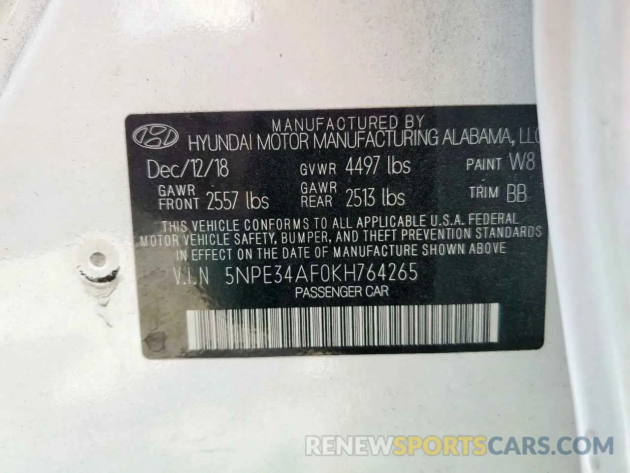 14 fotografías del automóvil dañado 5NPE34AF0KH764265 HYUNDAI SONATA 2019