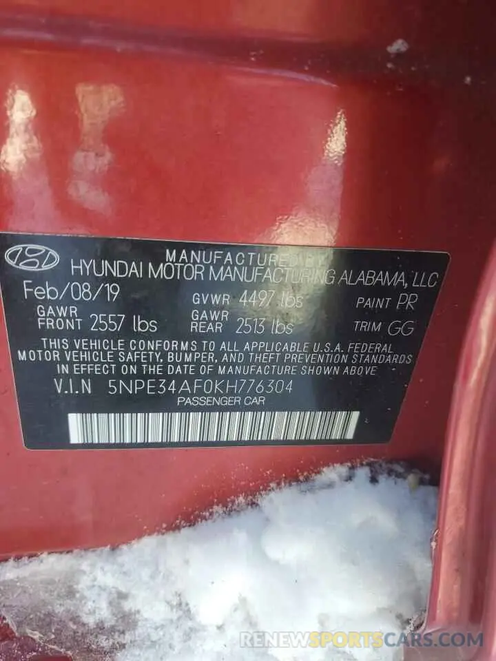 12 fotografías del automóvil dañado 5NPE34AF0KH776304 HYUNDAI SONATA 2019